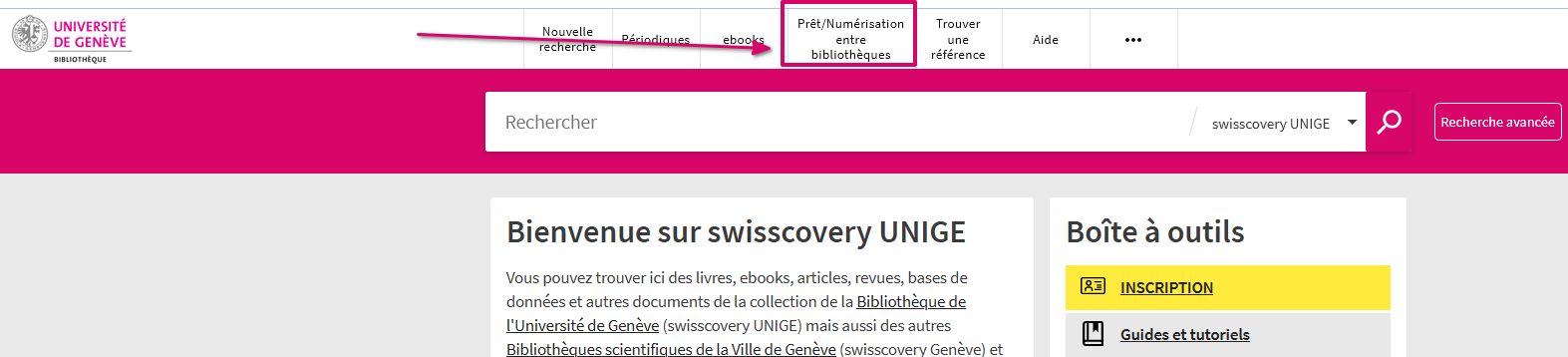 Capture d'écran du lien vers le formulaire de commande                       dans le menu supérieur de Swisscovery UNIGE.