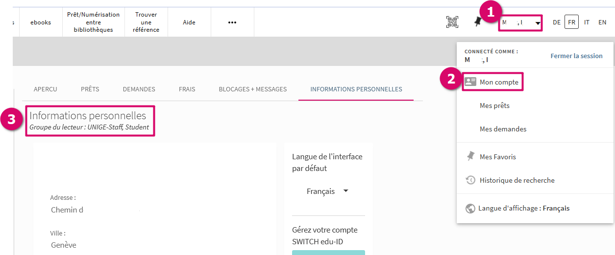 Capture d'écran des informations personnelles dans l'interface Swisscovery.