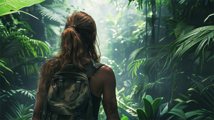 Femme de dos qui entre dans la jungle