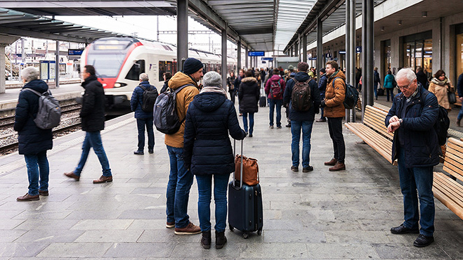 Personnes à la gare attendant un train
