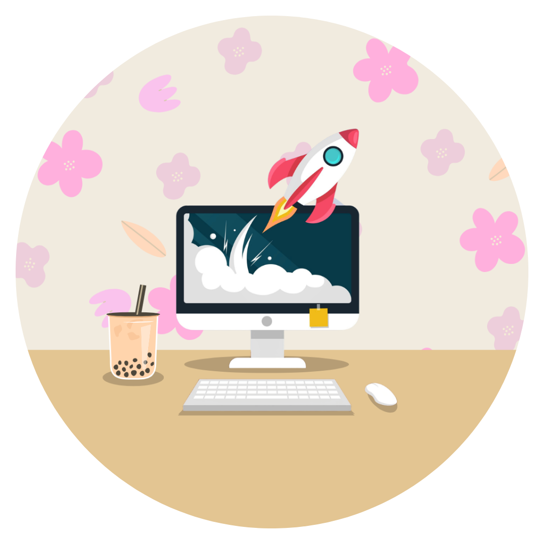 Image libre de droit avec fond vert sapin avec des flocons sur la moitié haute et marron sur la moitié basse, représentant un poste de travail avec un ordinateur et une fusée sortant de l'écran avec une tasse de chocolat chaud à gauche.