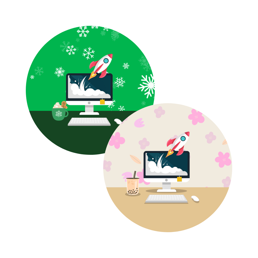 Image libre de droit avec fond vert sapin avec des flocons sur la moitié haute et marron sur la moitié basse, représentant un poste de travail avec un ordinateur et une fusée sortant de l'écran avec une tasse de chocolat chaud à gauche.