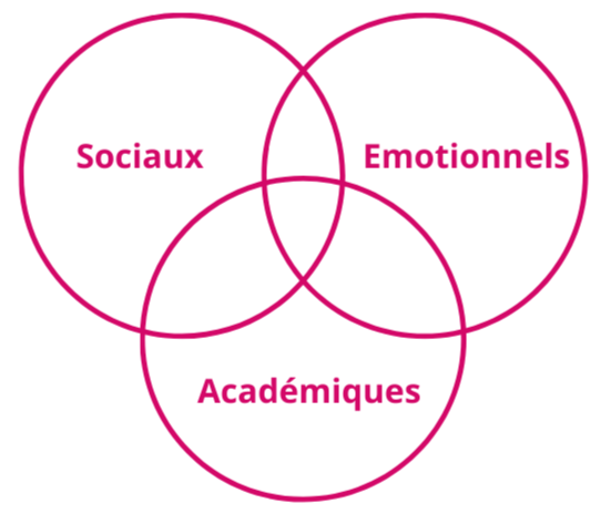 Schématisation des différentes catégories de défis auxquels un-e étudiant-e autiste doit faire face : les trois défis (sociaux, émotionnels et académiques) sont représentés par des cercles qui s'entrecoupent tous et se croisent