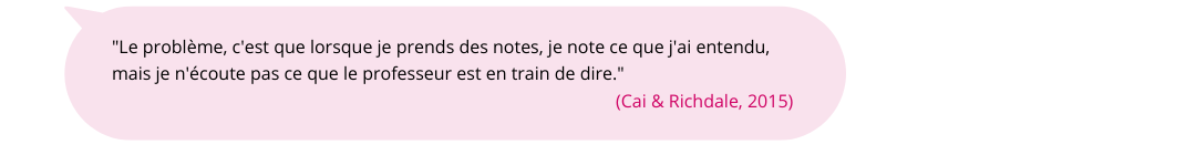 Un citation sous forme de bulle : Le problème, c'est que lorsque je prends des notes, je note ce que j'ai entendu, mais je n'écoute pas ce que le professeur est en train de dire." (Cai & Richdale, 2015)