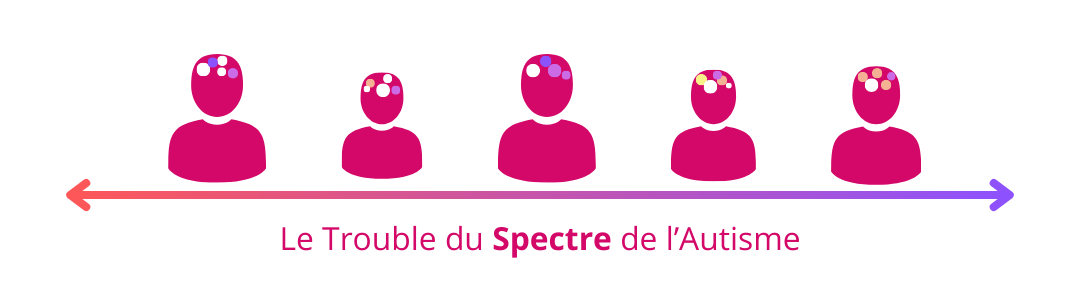 Schématisation du spectre de l'autisme sur un continium horizontal avec des personnages de différentes tailles avec des bulles colorées au niveau de la tâtes de couleur, taille et agencement différents