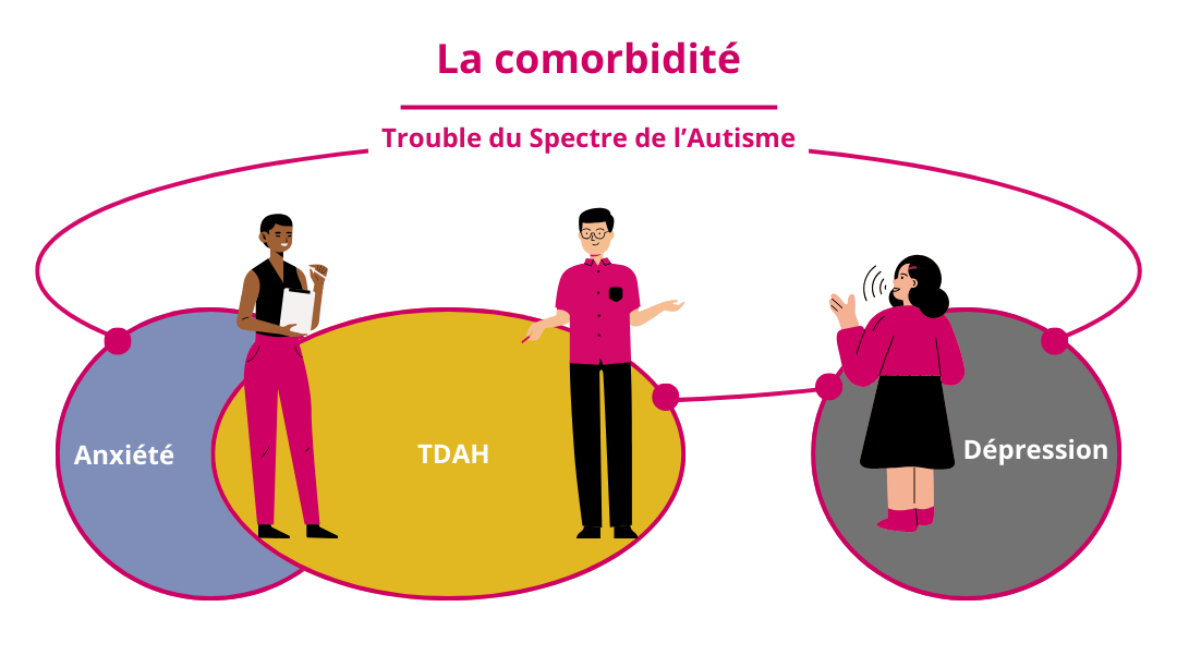 Schématisation de la comorbidité au niveau du trouble du spectre de l'autisme : l'anxiété, le TDAH et la dépressions, sont modélisés sous forme de cercles colorés avec des personnages, ces cercles sont tous reliés entre eux sous le spectre de l'autisme