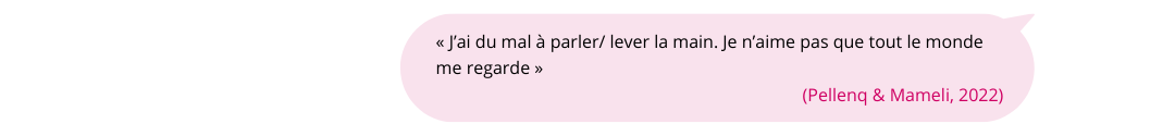 Citation sous forme de bulle : « J’ai du mal à parler/ lever la main. Je n’aime pas que tout le monde me regarde » (Pellenq & Mameli, 2022)