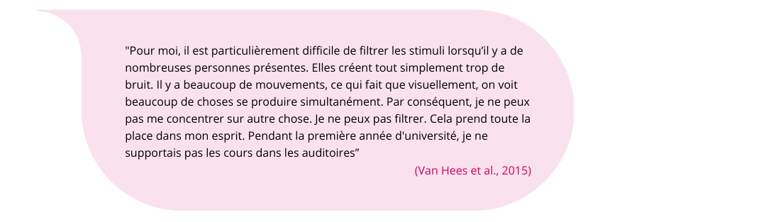 Une citation sous forme de bulle : "Pour moi, il est particulièrement difficile de filtrer les stimuli lorsqu’il y a de nombreuses personnes présentes. Elles créent tout simplement trop de bruit. Il y a beaucoup de mouvements, ce qui fait que visuellement, on voit beaucoup de choses se produire simultanément. Par conséquent, je ne peux pas me concentrer sur autre chose. Je ne peux pas filtrer. Cela prend toute la place dans mon esprit. Pendant la première année d'université, je ne supportais pas les cours dans les auditoires” (Van Hees et al., 2015)