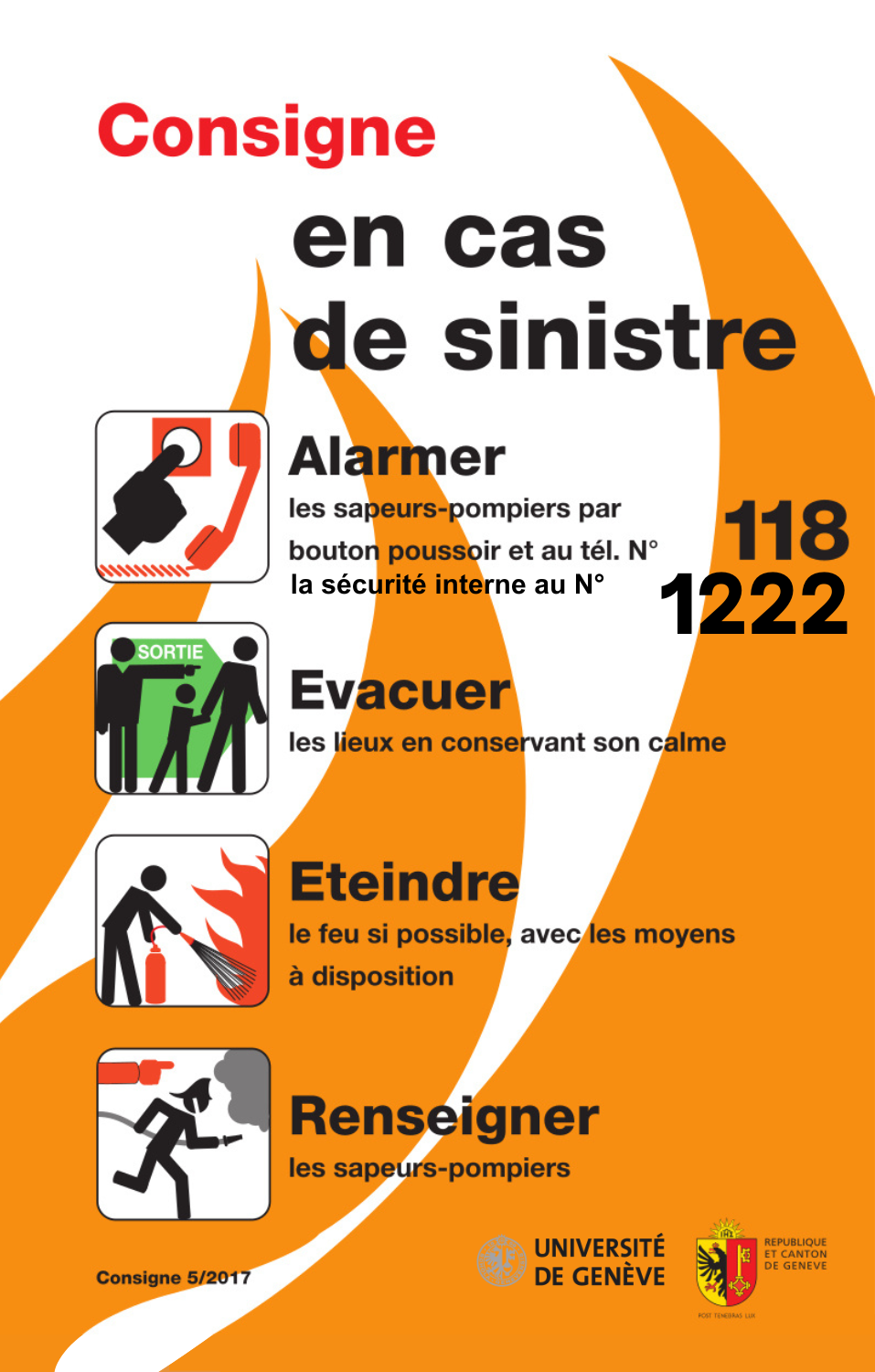 Affiche de consigne en cas de sinistre développée par l'Etat. Première étape, alarmer les sapeurs pompiers par bouton poussoirs et au téléphone (118), ainsi que la sécurité interne (1222). Evacuer les lieux en conservant son calme. Eteindre le feu si possible, avec les moyens à disposition. Renseigner les sapeurs pompiers.