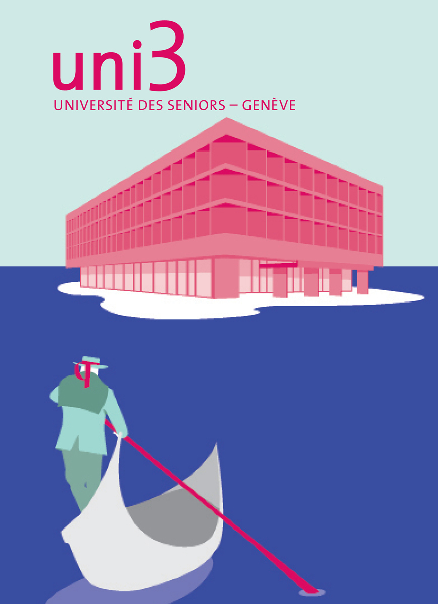 Carte postale Uni3 avec une illustration d'un homme en gondole et du bâtiment Uni Dufour