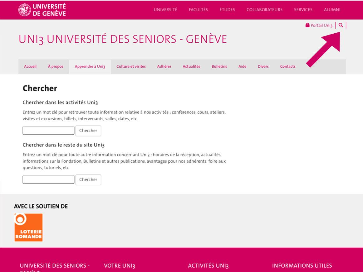 Page des recherches du site web Uni3