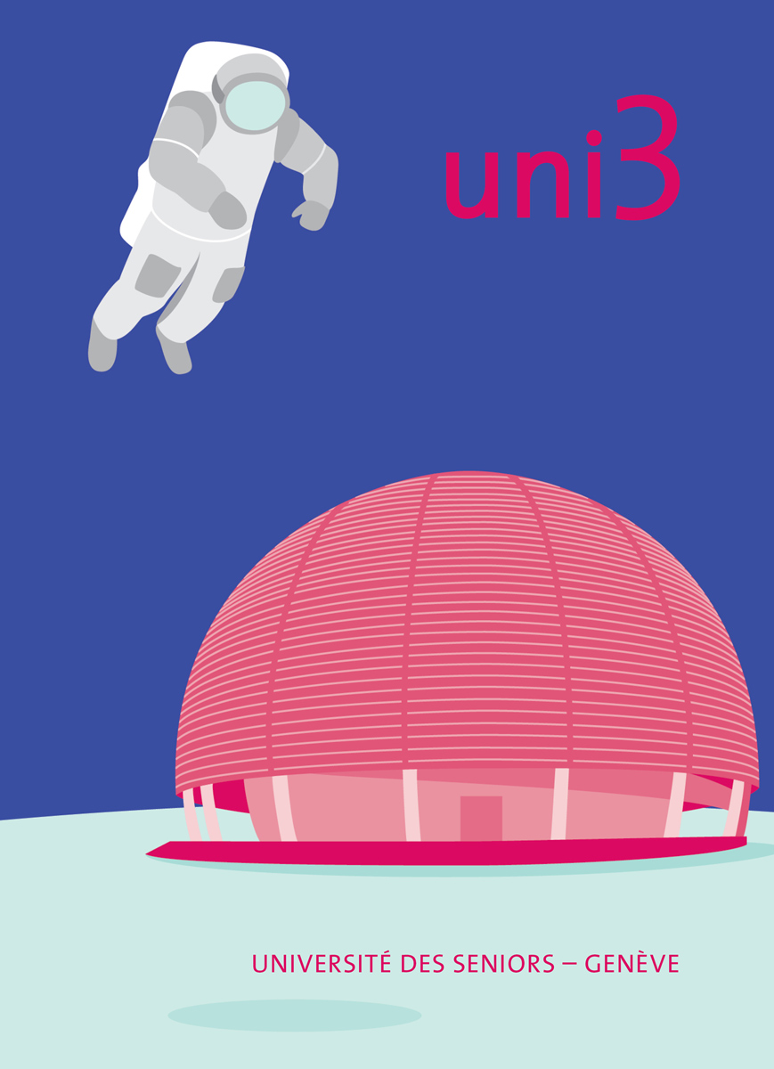 Carte postale Uni3 avec illustration d'un astronaute et le Globe des Sciences du CERN
